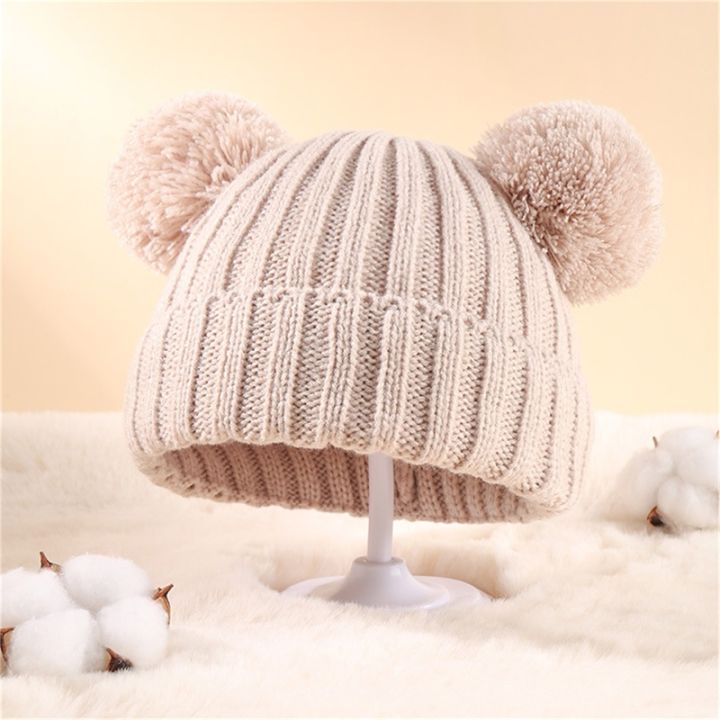 หมวกถักเด็กวัยหัดเดินสำหรับหมวกบีนนี่เด็กทารกสีทึบสอง-bobbles-หมวกให้ความอุ่นฤดูใบไม้ร่วงฤดูหนาว