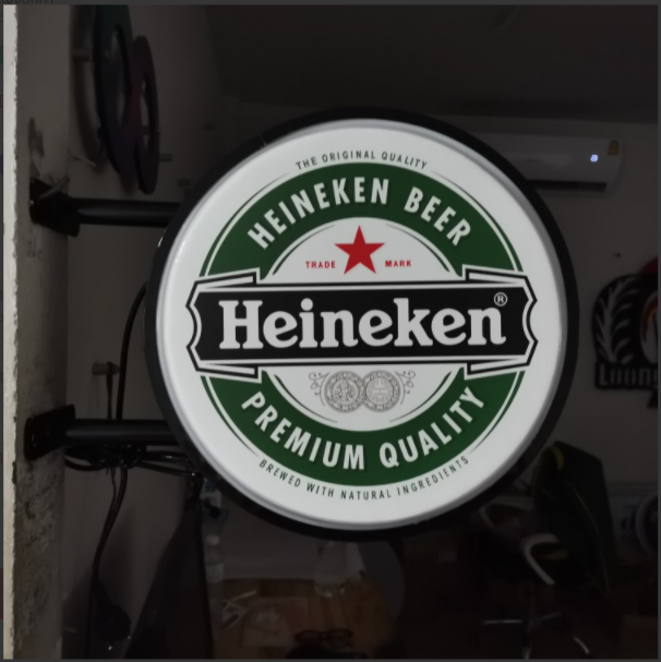 ป้ายไฟปั๊มนูนสองด้านทรงกลม-โลโก้-ไฮเนเก้น-heineken-lightbox-ป้ายไฟหน้าร้าน-ติดตั้งภายนอกได้-ทนแดดทนฝน-ไฟสว่าง-ประหยัดไฟ-สั่งทำได้หลายขนาด