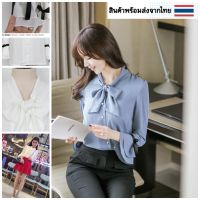 เสื้อเชิ้ตผูกโบว์ตกแต่งระบายปลายแขนน่ารัก [NN17]