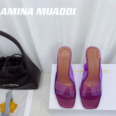 ams 2023 amina muaddiˉseaside holiday slippers wear crystal high heels square toe transparent sandals female high heel slippers Mules Women Shoes