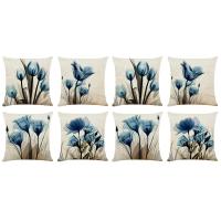 8X Decorative Throw Pillow Covers Blue Flower Cushion Covers Linen Square Throw Pillow Cases for Living Room Pillowcases