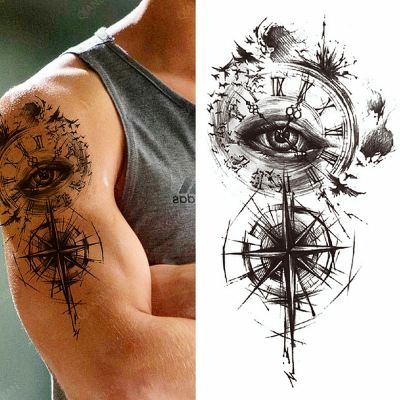 【YF】 1pc Men Waterproof Temporary Tattoos Stickers Arm Sleeves Cool Big Hipster Black Cross Eye Clock