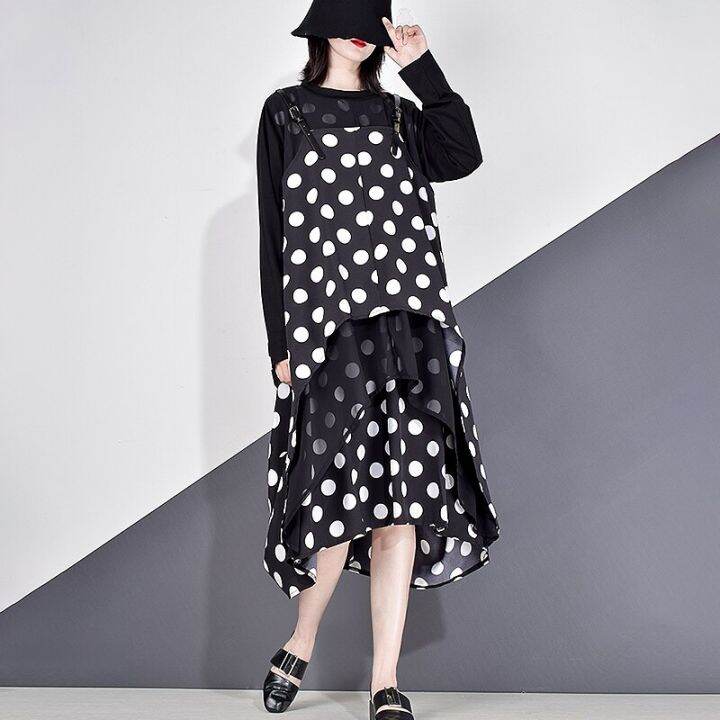 xitao-dress-dots-patchwork-casual-women-loose-long-sleeve-dress