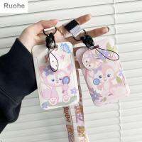 RUOHE เคสบัตรธนบัตรกระต่ายเด็กนักเรียนลายหมีและน้ำค้างบนรถบัส Sampul Kartu ลีน่าเบลล์ขาตั้งสายคล้องมือบัตรการ์ตูน