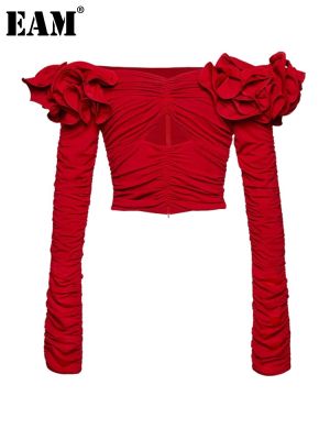 [EAM] Women Red Rufflles Elegant Pleated Drawstring T-shirt New Slash Neck Long Sleeve Fashion Tide Spring Autumn 2023 1DF3900