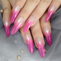 Gradient Rose Pink French Stiletto False Nails Extra Long Pointed Gel Press on Fake nails Salon Party Finger Glue on Wear