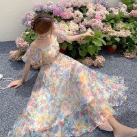 Organza a word shoulder hubble-bubble sleeve broken beautiful condole belt posed long skirt the new spring and summer dress