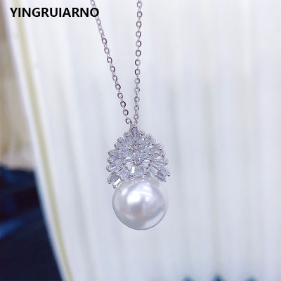 YINGRUIARNO Natural Freshwater Pearl Pendant Necklace Zircon Pearl Necklace Sterling Silver S925 Pearl Necklace