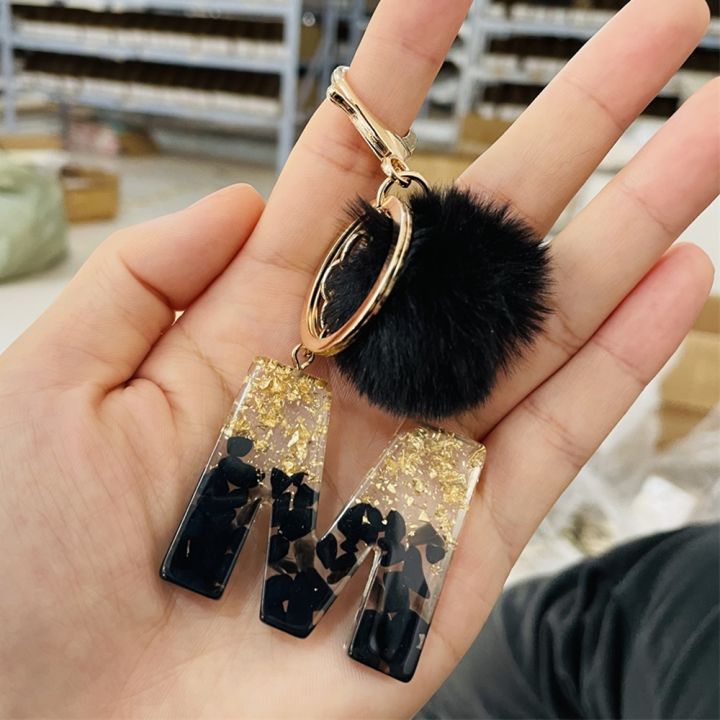 black-pompom-letter-keychain-glitter-gradient-resin-a-z-initials-alphabet-keyring-pendant-women-handbag-phone-decorative-gift