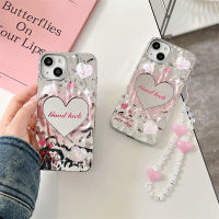 พร้อมสายคล้องลายการ์ตูนน่ารักกระจกรูปหัวใจสำหรับ IPhone 15 14 13 12 Pro Max เคสโทรศัพท์แฟชั่น