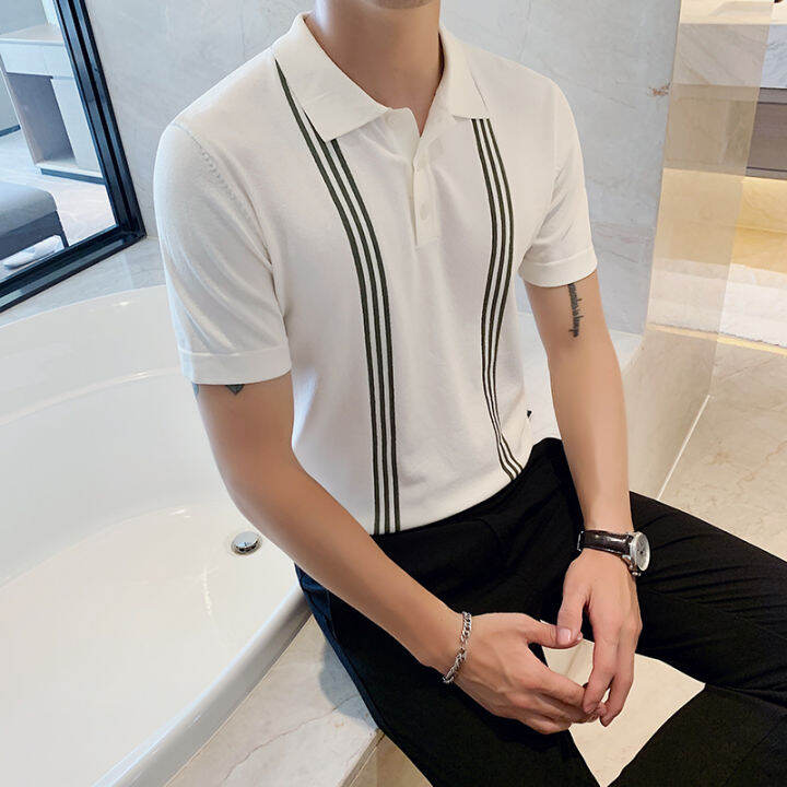 สังคมถักบางโปโลสไตล์อังกฤษลายเสื้อโปโลผู้ชายฤดูร้อนแขนสั้นผู้ชายโปโลสลิมฟิตสบายๆโปโล-homme-3xl