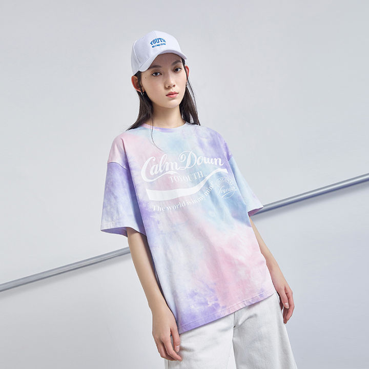 toyouth-women-tees-summer-short-sleeve-round-neck-loose-t-shirt-letters-print-tie-dye-fashion-personality-tops
