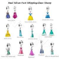 Real 925 Sterling Silver Beads Princess Charms Dress Dangles Fits Pandoras Bracelets Elsa Pendant Girls Gifts