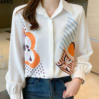 AFEG new Korean version of the bowknot fashion loose all-match printed chiffon long-sleeved blouse for women