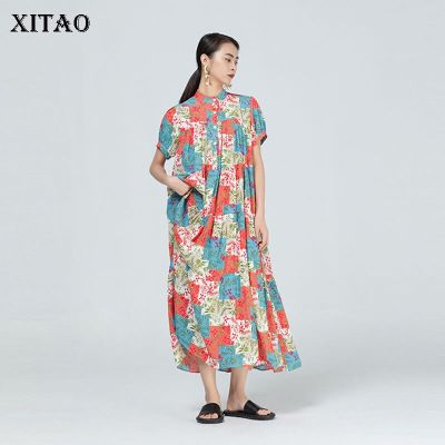 XITAO Dress Large Women  Contrast Color Folds Loose Casual Dress