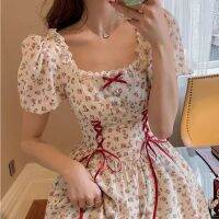 QWEEK Floral Lace Dress Mori Girl Style Elegant Puff Sleeve Bandage Kawaii Fairy Princess Mini Short Dresses Woman 2021