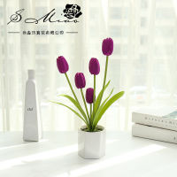 Artificial Flower 5 Headed Tulip Bonsai Simulation Plant White Ceramic Flowerpot Home Desktop Decor