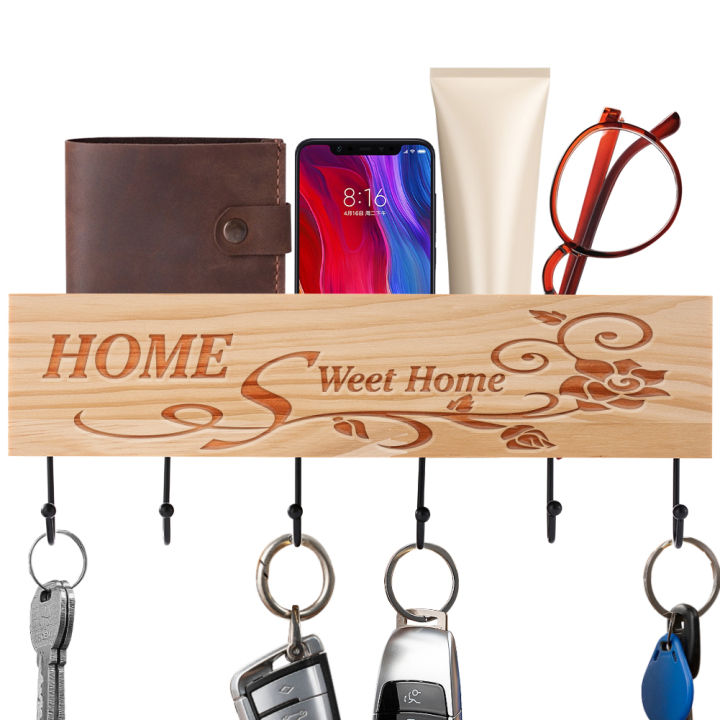 wooden-decorative-key-hanger-iron-six-hooks-storing-sundries-wall-keys-rack-placing-phones-household-office-hollow-storage-box