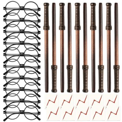 30Pcs Wizard Wand Pencils Costume Glasses with Round Frame No Lenses and Flash Tattoos Sticker Kit