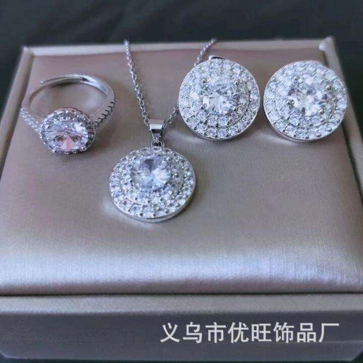 tiktok-kuaishou-กระเป๋าทรงกลมสองชั้น-moissanite-สามชิ้นต่างหูแหวนสร้อยคอชุดเครื่องประดับไมโครแฟลชสุดๆ