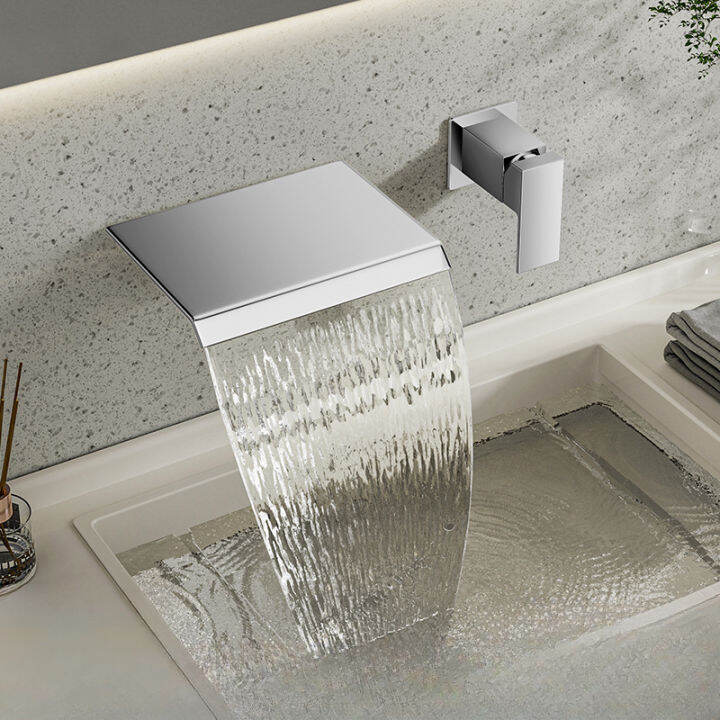 Widen Waterfall Bathroom Faucet Wall Mounted Black Basin Faucet Hot and