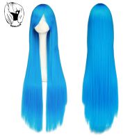 QQXCAIW Cosplay100cm Long Blue Synthetic Hair Wigs Halloween Anime Costume Straight Heat Resistant Wig