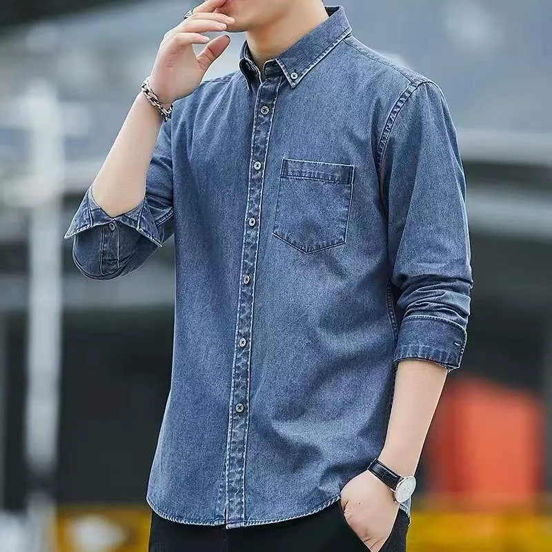 men's long sleeve polo denim maong with pocket high quality slim fit casual  Korean outfit