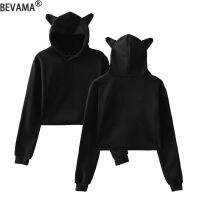 Women Long Sleeve Hoodies Casual Plus Size Pullovers Cat Ears Hoodie Solid Crop Top Black Sweatshirts Female Clothes