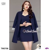 TW3756 Set 2 ชิ้น สูทแขนยาวแต่งพับริ้ว+เดรสสายเดี่ยว    **สอบถามก่อนสั่งซื้อ**