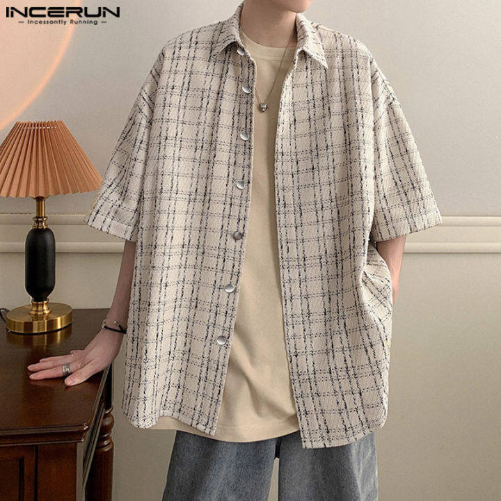 incerun-เสื้อเชิ๊ตแขนสั้นวินเทจลายทางสำหรับผู้ชายเสื้อแจ็คเก็ตติดกระดุมสำหรับปาร์ตี้-สไตล์เกาหลี