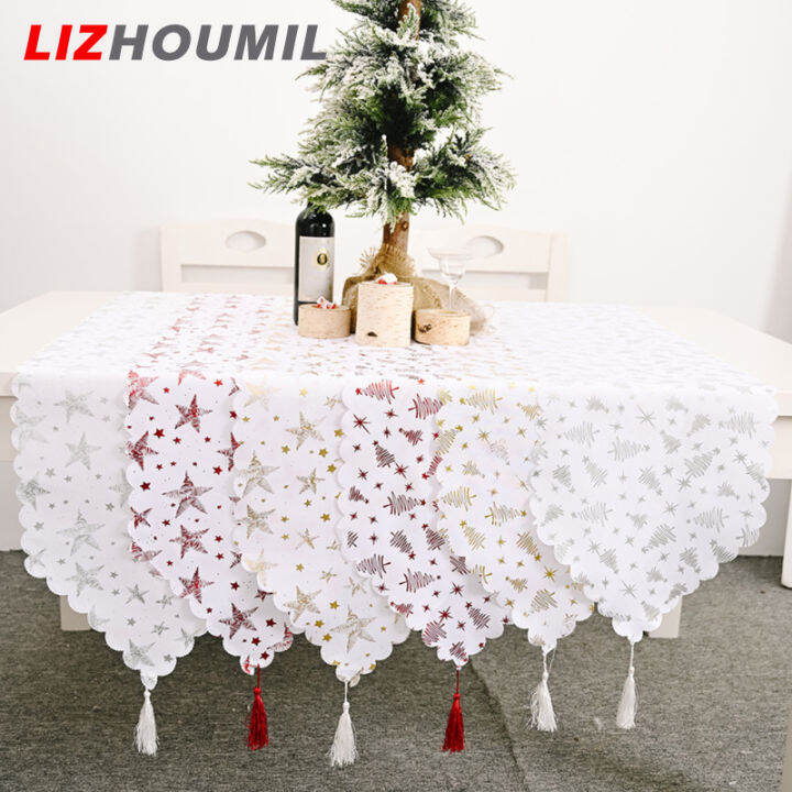 lizhoumil-ผ้าปูโต๊ะสีขาวปั๊มทองสำหรับตกแต่งปาร์ตี้คริสต์มาส