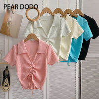 PEAR DODO เสื้อแขนสั้นสำหรับผู้หญิงคอวีแบบผูกเชือกสไตล์เกาหลี