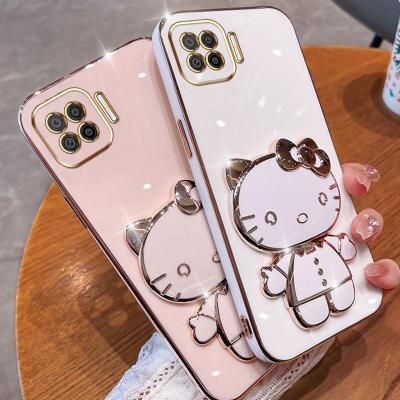 Folding Makeup Mirror Phone Case For OPPO A73 2020 F17 A93 2020 Reno 4F Reno 4 Lite F17 Pro  Case Fashion Cartoon Cute Cat Multifunctional Bracket Plating TPU Soft Cover Casing