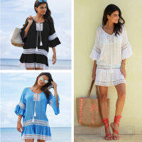 2023 Flare Sleeve ชุดมินิฤดูร้อนผู้หญิง Lace บิกินี่เย็บปะ Cover Up Tie Up สำหรับ Beach ชุดว่ายน้ำ