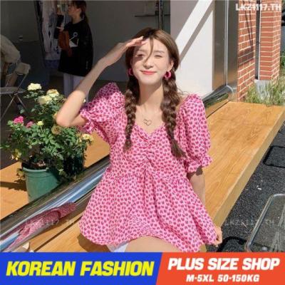 ஐ㍿◙ Plus size เสื้อผ้าสาวอวบ❤ เสื้อสาวอวบอ้วน ไซส์ใหญ่ ผู้หญิง ทรงหลวม ลายดอก แขนสั้น คอวี ฤดูร้อน สไตล์เกาหลีแฟชั่น