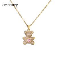 2021 New Fashion 4 Colors Gold Chain Lovely Bear Pendant Necklace For Women Girl Pink/White Heart Shape CZ Wedding Jewelry