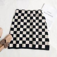 Chic Knit Skirt For Woman Autumn Simple Versatile Contrast Color Plaid High Waist Thin Female A-line Fashion Skirt