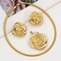 Brazilian Jewelry Set Rose Flower Pattern 24k Gold Plated Necklace Earrings Pendant With Choker Bridal Wedding Jewellery