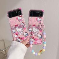 เคสโทรศัพท์โซ่มือตุ๊กตา3D Sanrio Hello Kitty สำหรับ Samsung Galaxy Z Flip 3 4 5 5G Flip3 Zflip4 Zflip5 Flip4ฝา Flip5 Flip3