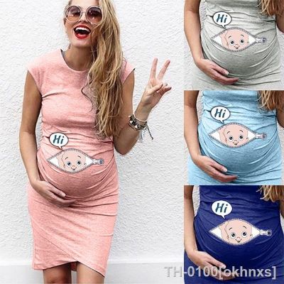 ♤◕ Vestido estampado de carta desenho animado para mulheres grávidas sem mangas o-pescoço magro gravidez vestido maternidade nusring roupas casuais novo