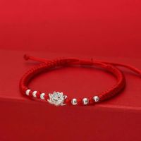 999 Sterling Silver Womens Diamond Knot Hand-Woven Red Rope Bracelet Lotus Charms HandRope Solicit wealth Money drawing Fortune Charms and Charm Brac