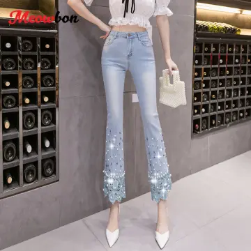 curve beautyPlus Size 25-32 Women Jeans Spring Summer Autumn Fashion Casual  Diamond Beading Stretch Skinny Slim Fit Denim Pants