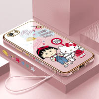 Hp เคสเคสโทรศัพท์สำหรับ OPPO A59 Oppo F1S ฟรีสายคล้อง + การ์ตูน Chibi Maruko เฮลโหลคิตตี้เด็กผู้หญิงปลอกลวดลายขอบสี่เหลี่ยมเคสโทรศัพท์เด็กผู้หญิงเคสโทรศัพท์นิ่มชุบหรูหรา