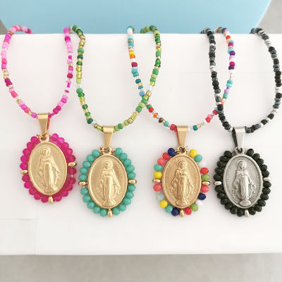 QMHJE Virgin Mary สแตนเลสจี้ Charm สร้อยคอผู้หญิง Choker ลูกปัดโซ่ทองเงินสีรุ้งเครื่องประดับที่มีสีสัน-snlm03750