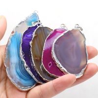 Natural Multicolor Striped Agate Stone Gem Silver-plated Pendant Handwork Crafts Necklace Accessories for Women 30x50-40x60mm