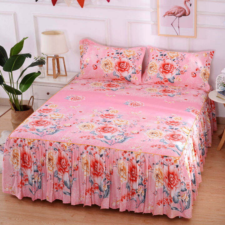 3pcsset-korean-brushed-printed-bed-skirt-bed-cover-student-dormitory-non-slip-sheet-cover-bedroom-3d-lace-bed-skirt-bedding