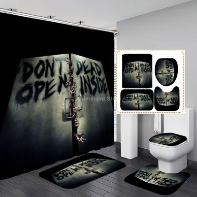 Funny Scary Door Shower Curtain English Letter With Non Slip Rug Mat Bathroom Curtain Waterproof Polyester Home Decor 180x180