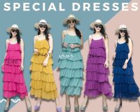 (นางแบบใส่ชุดขาย) Beachy 7 Layers Pleat Maxidress ชุดเดรสพลีทชั้นๆ เดรสสายเดี่ยวระบายพลีท สีสวยสด ชุดไปทะเล พริ้วๆ เดรสขนมชั้น 7ชั้น สายเดี่ยวปรับได้