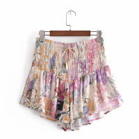 LVWOMN Za Shorts Women 2021 Summer Print Fashion Elastic Waist Loose Shorts Bowknot Belt Female High-Waisted Mini Shorts Skirt