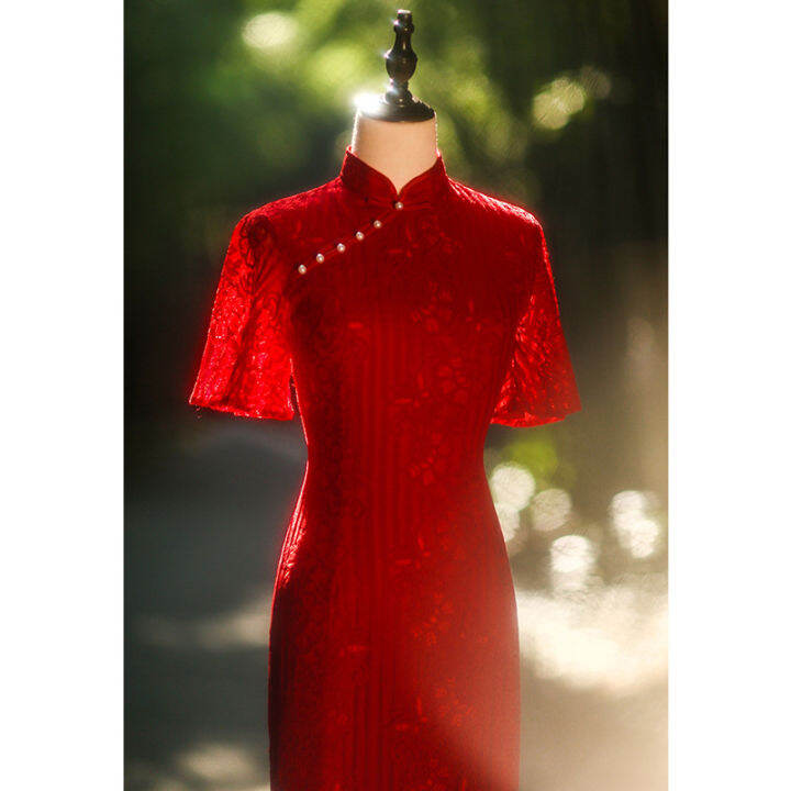 burgundy-lace-cheongsam-toast-dress-แต่งงานรุ่นปรับปรุงสาวมักจะใส่ได้2022